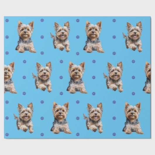 Papier Cadeau Adorable Yorkshire Terrier Noël en bleu (Couture)