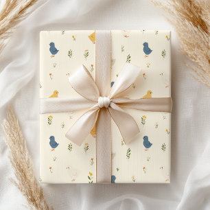 Papier Cadeau Adorables poussins pastel bleu jaune