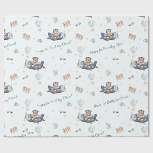 Papier Cadeau Adventure Cute Aviation Bear Blue Plane Custom (Plat)
