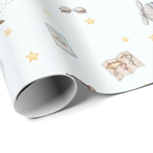 Papier Cadeau Adventure Cute Aviation Bear Blue Plane Custom (Coin rond)