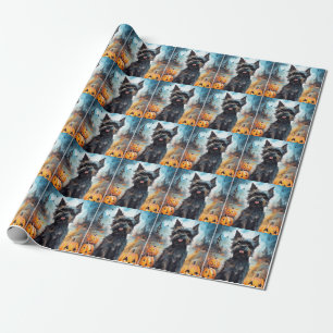Papier Cadeau Affenpinscher Halloween Avec Citrouilles Effrayant