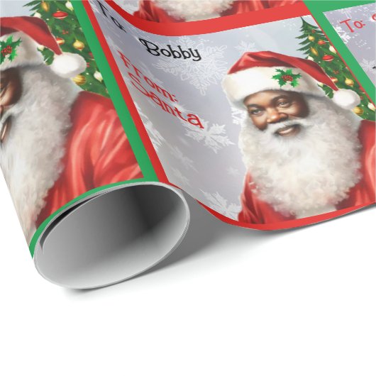 Papier Cadeau African American Père Noël Ajouter le nom de l'enf (Coin rond)