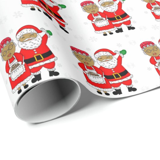 Papier Cadeau Afro-Américain M. et Mme Santa Claus Noël (Coin rond)