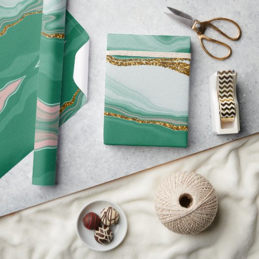 Papier Cadeau Agate Abstrait Verte et doré Marbre Swirl (Artisanat)
