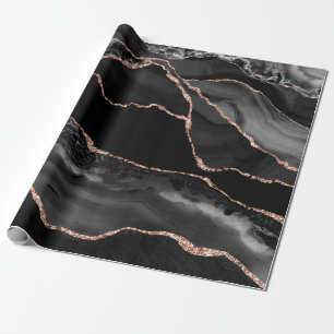 Papier Cadeau Agate Aquarelle Noire Paillettes Faux Or Rose