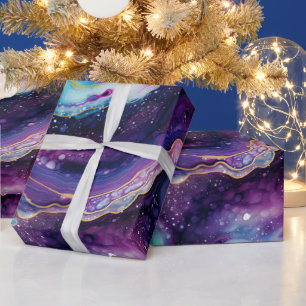 Papier Cadeau Agate Céleste Abstrait Tourbillons Violets Bleus D