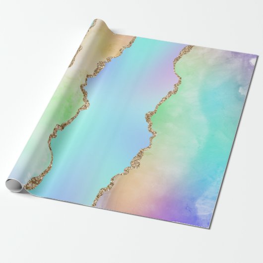 Papier Cadeau Agate Holo | Faux Iridescente Pastel Ombre Marble (Déroulé)