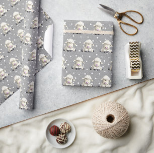 Papier Cadeau Agneaux Pour Bébés Sur Points Gris