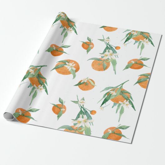 Papier Cadeau Agrumes Orange n Aquarelle blanche Folio floral (Déroulé)