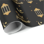 Papier Cadeau Aïd Moubarak Noir + Lanternes Élégantes Or + Lune (Coin rond)