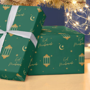 Papier Cadeau Aïd Moubarak Vert + Lanternes Élégantes Or + Lune
