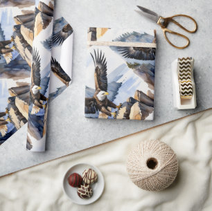 Papier Cadeau Aigle chauve de style aquarelle volant sur une fal