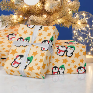 Papier Cadeau Aimer les pingouins et les étoiles Festive Jaune s