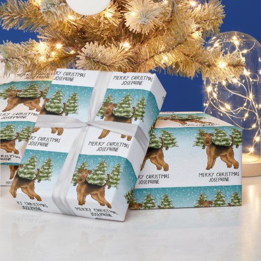 Papier Cadeau Airedale Terrier Chien Snowy Winter Forest Festive (Vacances)
