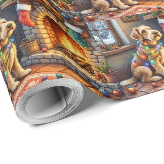 Papier Cadeau Airedale Terrier Fireplace Christmas Lights (Coin rond)