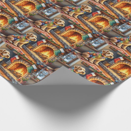 Papier Cadeau Airedale Terrier Fireplace Christmas Lights (Coin)