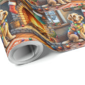 Papier Cadeau Airedale Terrier Fireplace Christmas Lights (Coin rond)