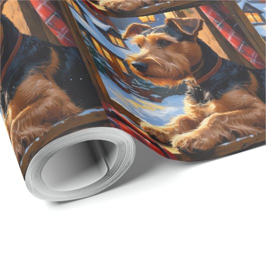 Papier Cadeau Airedale Terrier With Christmas Lights Holiday (Coin rond)