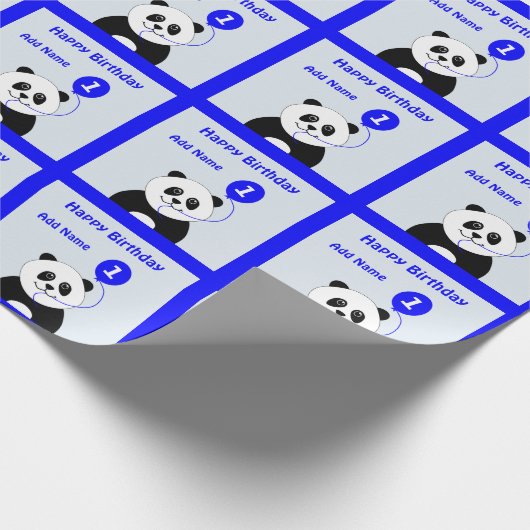 Papier Cadeau Ajouter le nom panda 1er anniversaire bleu (Coin)