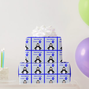 Papier Cadeau Ajouter nom pingouin 3e anniversaire bleu