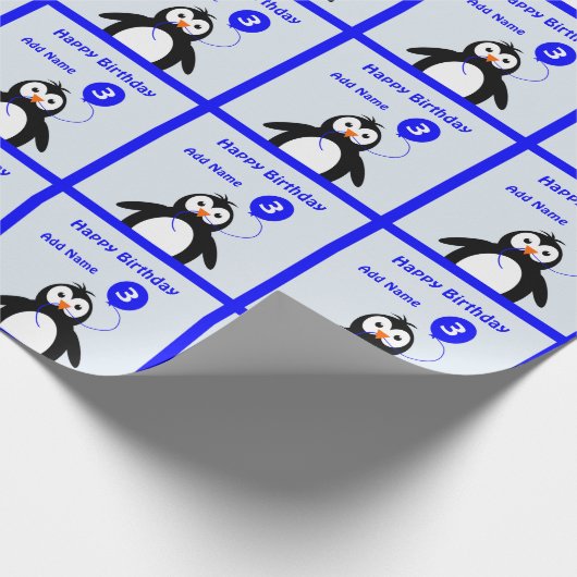 Papier Cadeau Ajouter nom pingouin 3e anniversaire bleu (Coin)