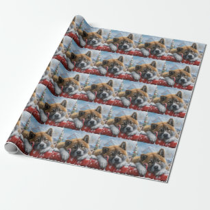Papier Cadeau Akita Chien Festive de Noël