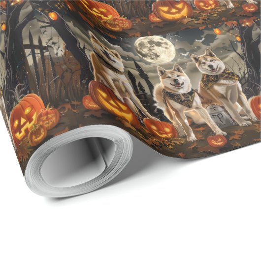 Papier Cadeau Akita Halloween Éffrayant (Coin rond)