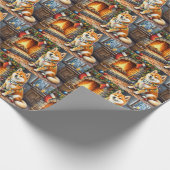 Papier Cadeau Akita Sitting by Fireplace with Christmas Lights (Coin)