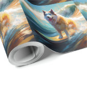 Papier Cadeau Alaskan Malamute Beach Surf Peinture (Coin rond)