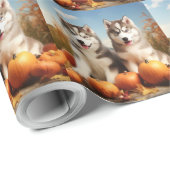 Papier Cadeau Alaskan Malamute Chiot Automne Citrouille délice (Coin rond)