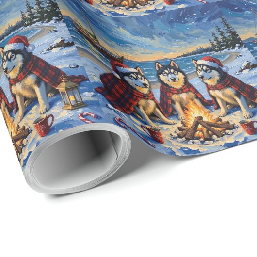 Papier Cadeau Alaskan Malamute Christmas Bonfire Beach Holiday (Coin rond)