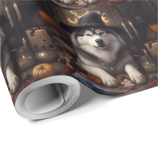 Papier Cadeau Alaskan Malamute Citrouilles Halloween effrayant (Coin rond)