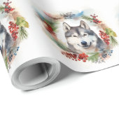 Papier Cadeau Alaskan Malamute Festive de la couronne de Noël (Coin rond)