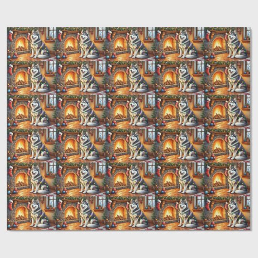 Papier Cadeau Alaskan Malamute Fireplace with Christmas Lights (Plat)