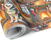 Papier Cadeau Alaskan Malamute Fireplace with Christmas Lights (Coin rond)