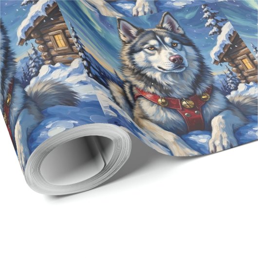 Papier Cadeau Alaskan Malamute North Pole Winter Christmas (Coin rond)