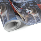 Papier Cadeau Alaskien Malamute Snowy Sleigh Ride Noël (Coin rond)