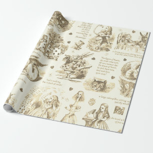 Papier Cadeau Alice in Wonderland Sepia Beige Toile Citations