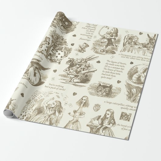Papier Cadeau Alice in Wonderland Sepia Beige Toile Citations (Déroulé)