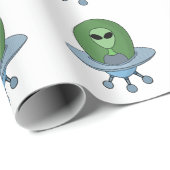 Papier Cadeau Alien dans son petit vaisseau spatial (Coin rond)