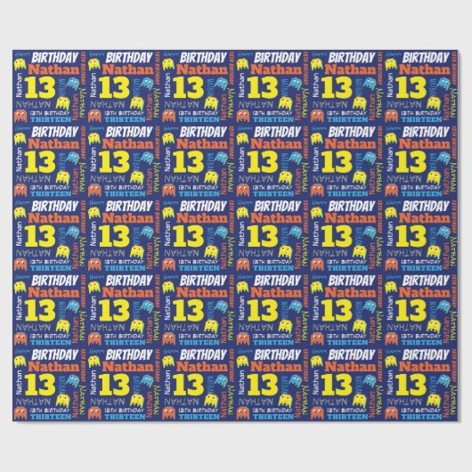 Papier Cadeau alien de jeu par pixels personnalisation de 13e an (Plat)