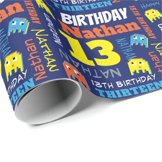 Papier Cadeau alien de jeu par pixels personnalisation de 13e an (Coin rond)