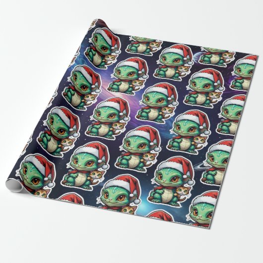Papier Cadeau Alien et chat mignons dans l'espace (Déroulé)