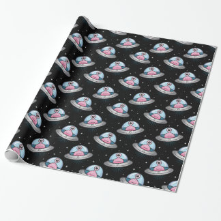 Papier Cadeau Alien rose d'amusement dans le motif de soucoupe