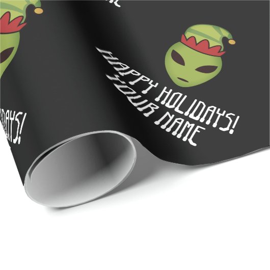 Papier Cadeau Alien vert elfe coutume noir Noël (Coin rond)