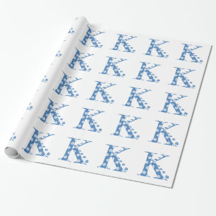 Papier Cadeau alphabet fleuri K (bleu et points)