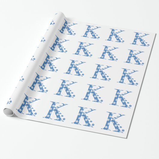 Papier Cadeau alphabet fleuri K (bleu et points) (Déroulé)