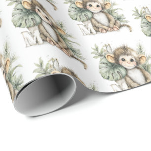 Papier Cadeau Alphabet mignon bébé animal singe aquarelle