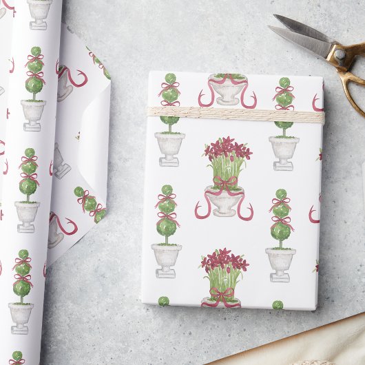 Papier Cadeau Amaryllis Bourgogne et Noël Topiaire