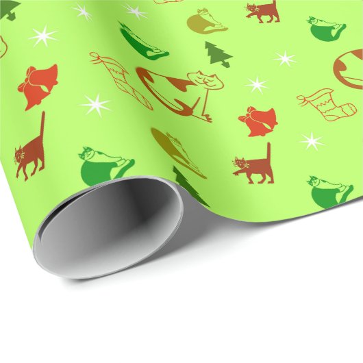 Papier Cadeau Amateur de chat vert Noël (Coin rond)